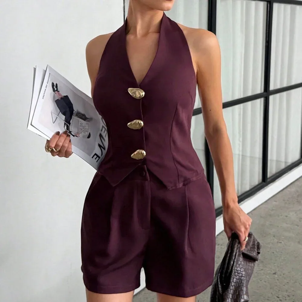 Lilac Purple Casual Women's Halter Top And Shorts Set